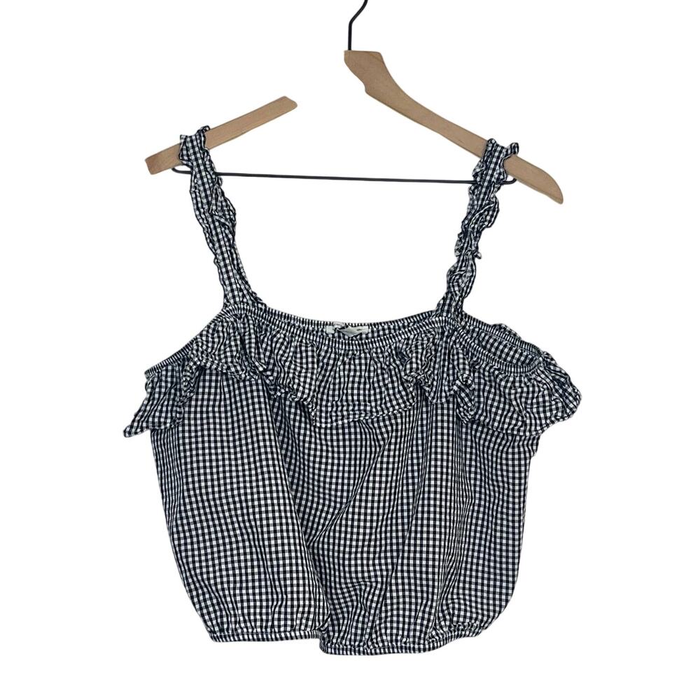 American Eagle Outfitters Crop Top Women Size XL Black White Gingham Ruffle Trim